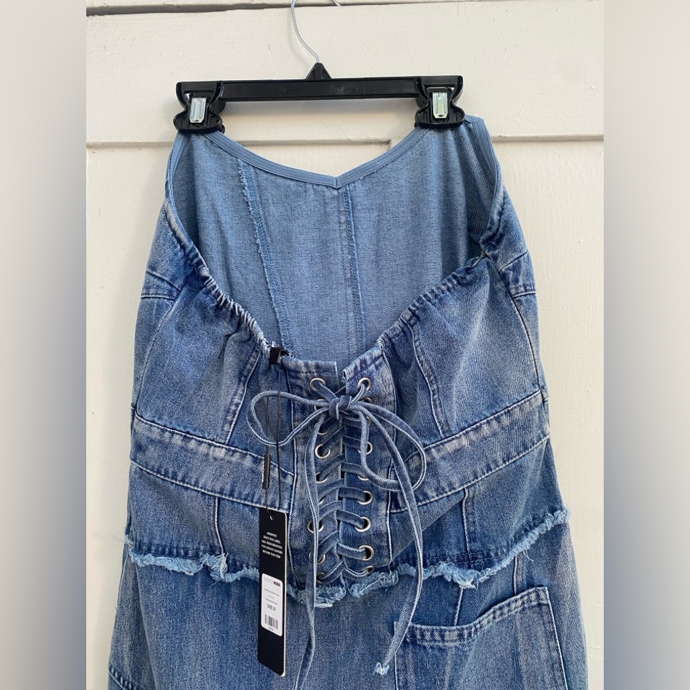 NWT Fashion Nova Delilah Denim Maxi Dress Med Strapless Corset Bustier Stretch - Picture 11 of 14